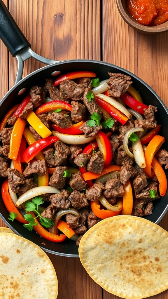 A mouthwatering steak fajitas skillet with steak, bell peppers, and onions, garnished with cilantro and tortillas on the side.
